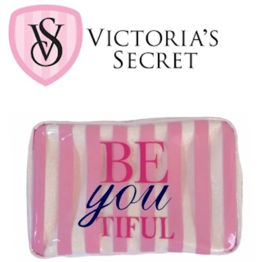 Victoria's Secret Cosmetic Bag Pouchette Delicate Stripes Pastel Pink White